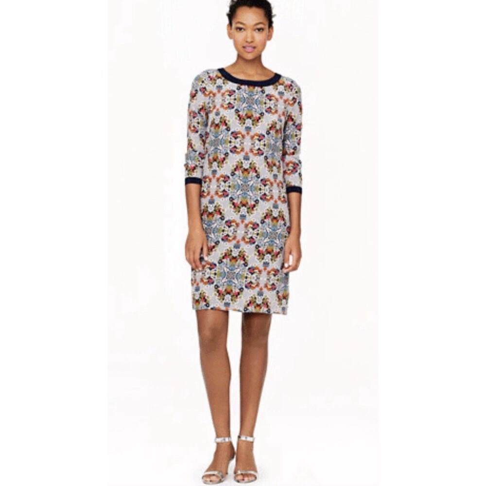 J.CREW Womens Silk Gray Misty Fog Floral Navy Trim 3/4 Sleeve Shift Dress Sz 6
